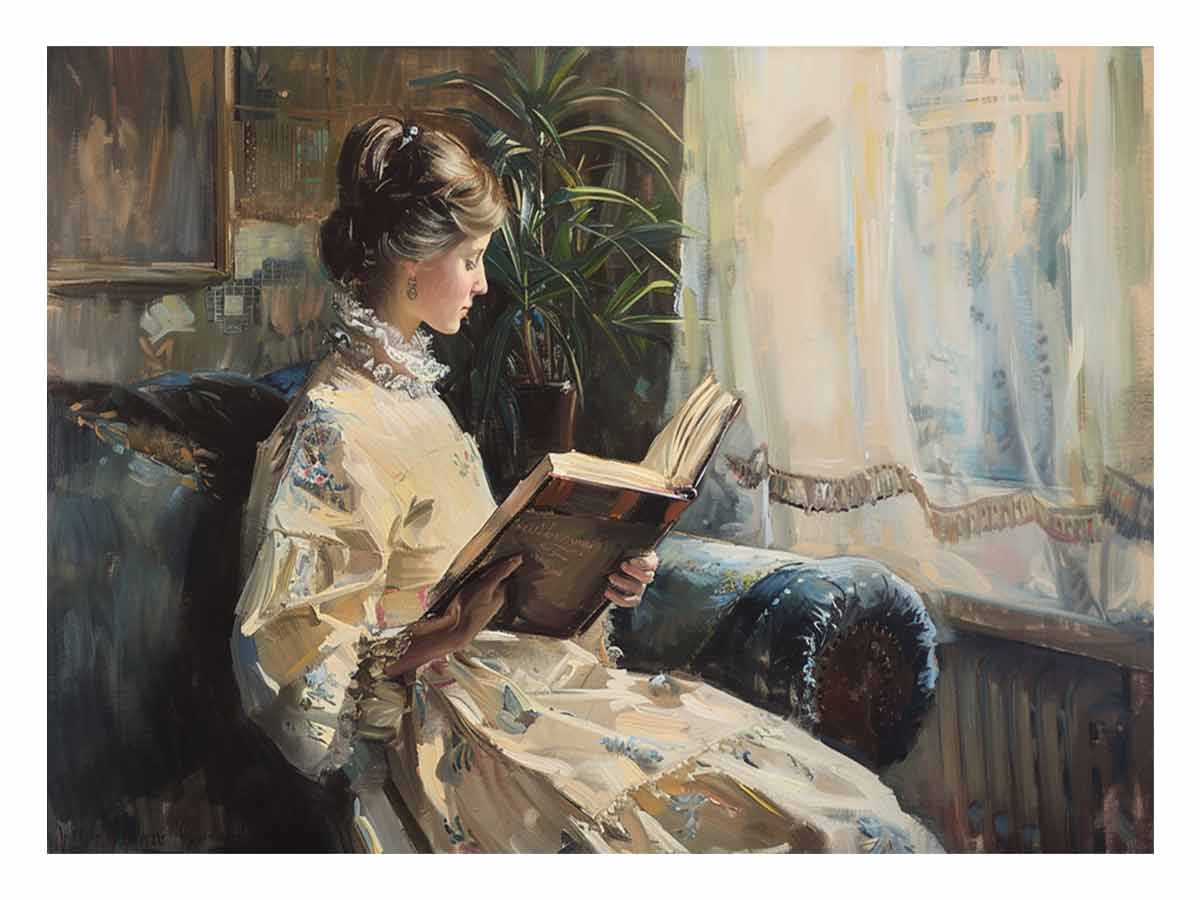 Editorial woman reading painting canvas print for refined fashion-inspired interiors