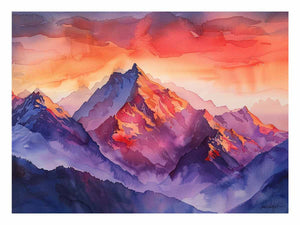 Bold watercolor mountain canvas art with crimson sunset tones for living room decor.