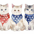 Three watercolor cats wearing red and blue star bandanas for cute family wall decor.