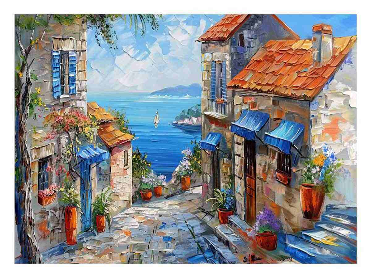 Mediterranean village street canvas print with sea view for European holiday wall art