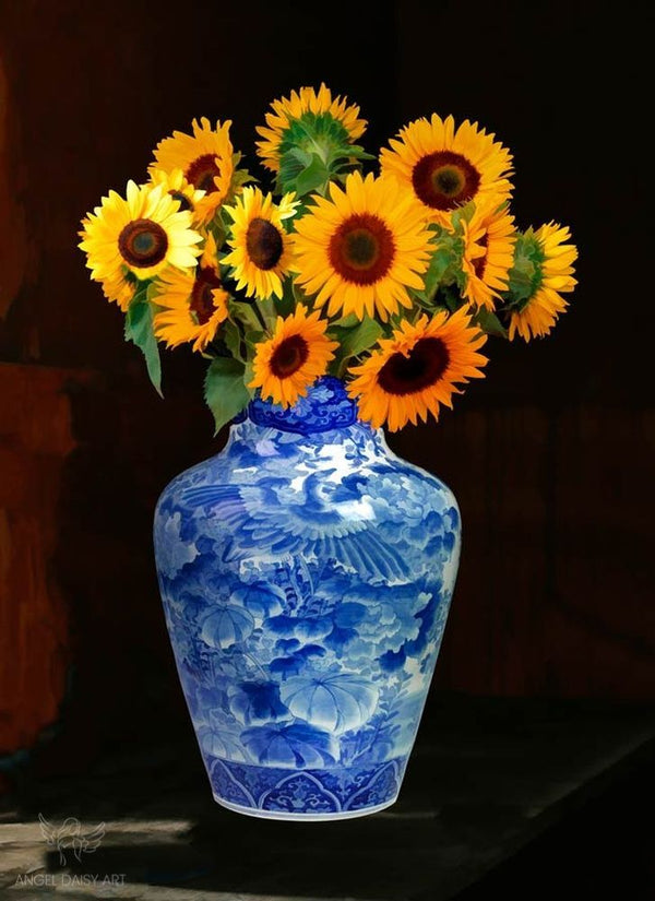 Blue Vase Sunflower Painting 