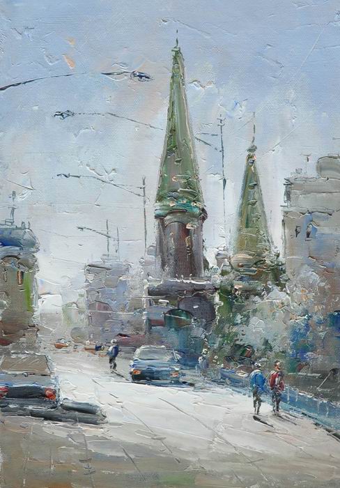 Temple Streetscape Knife Art Painting