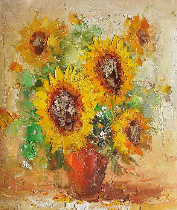 Brown Vase Knife Art Sunflower Painting