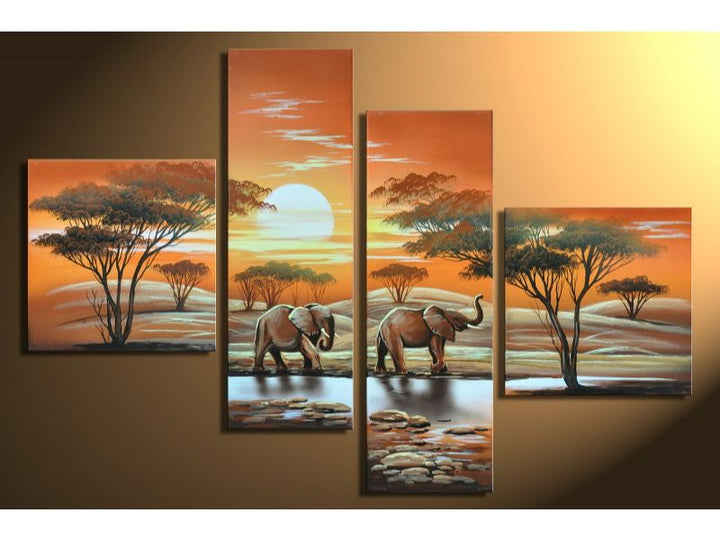 4 Panel Gold Elephant Painting Set 