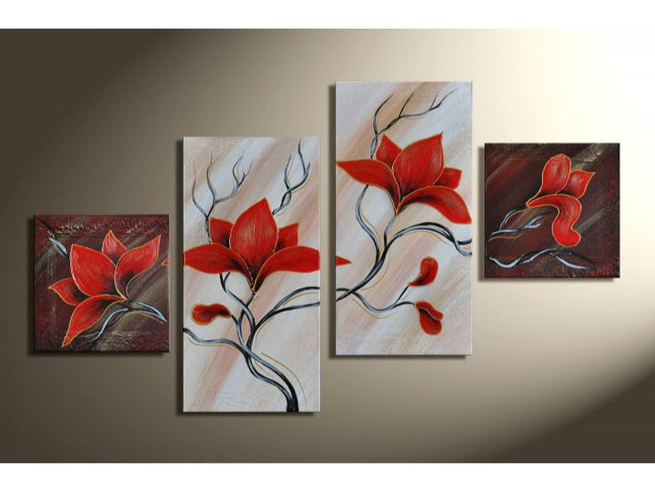 4 Panel Red Flower Painting 