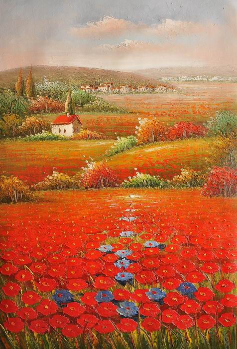 Knife Village Red Flower Landscape Art Painting
