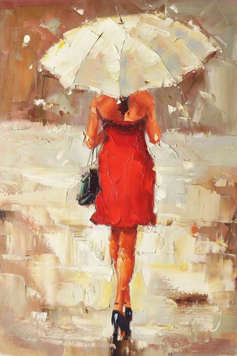 Umbrella Knife Art Red lady Painting